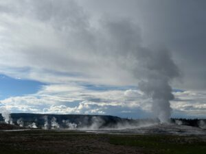 The eruption of Old Faithful is truly incredible.After a few little splurts eruptions typically reach between 106 and 184 feet and thousands of gallons of water are spewed upward reminiscent of a firework display. Incredible experience.