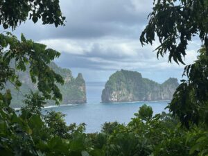 My memory explodes into the sensation of vibrant colors, warm breeze, fresh ocean air, boulders judding from the sea covered with tropical forest and Pacific Ocean for thousands of miles; tranquility.